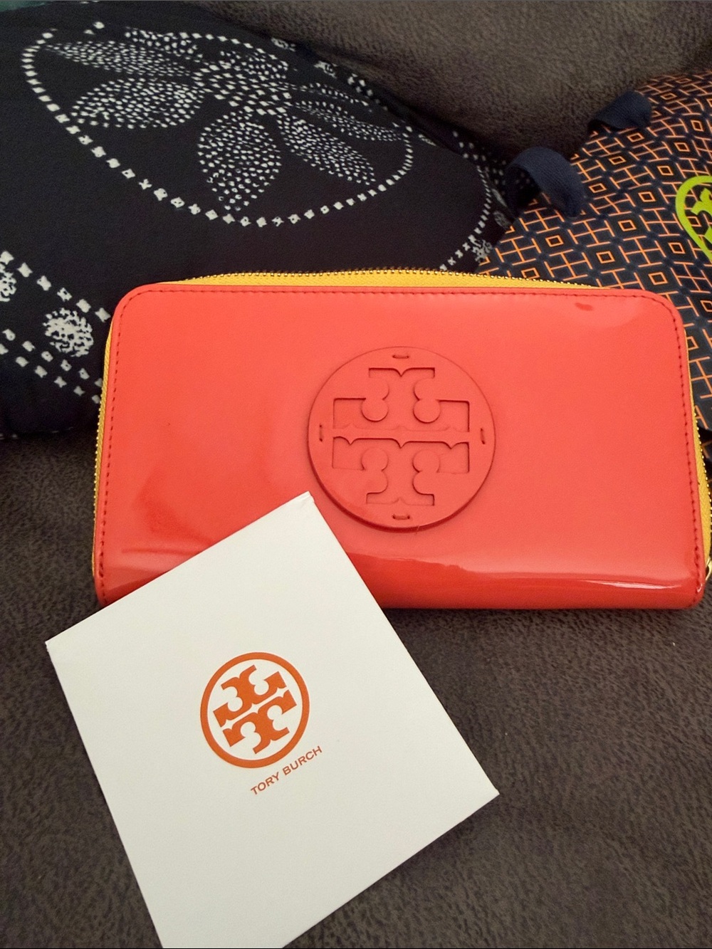 Tory Burch Navy Tote with Yellow Logo and Pink Interior Trim